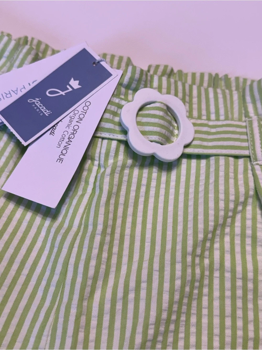Jacadi Light Green and White Striped Paperbag Waist Shorts with Flower Buckle